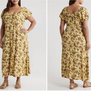 Treasure & Bond  Size 2X Maxi Dress Yellow Olive Boutique Floral Front Keyhole
